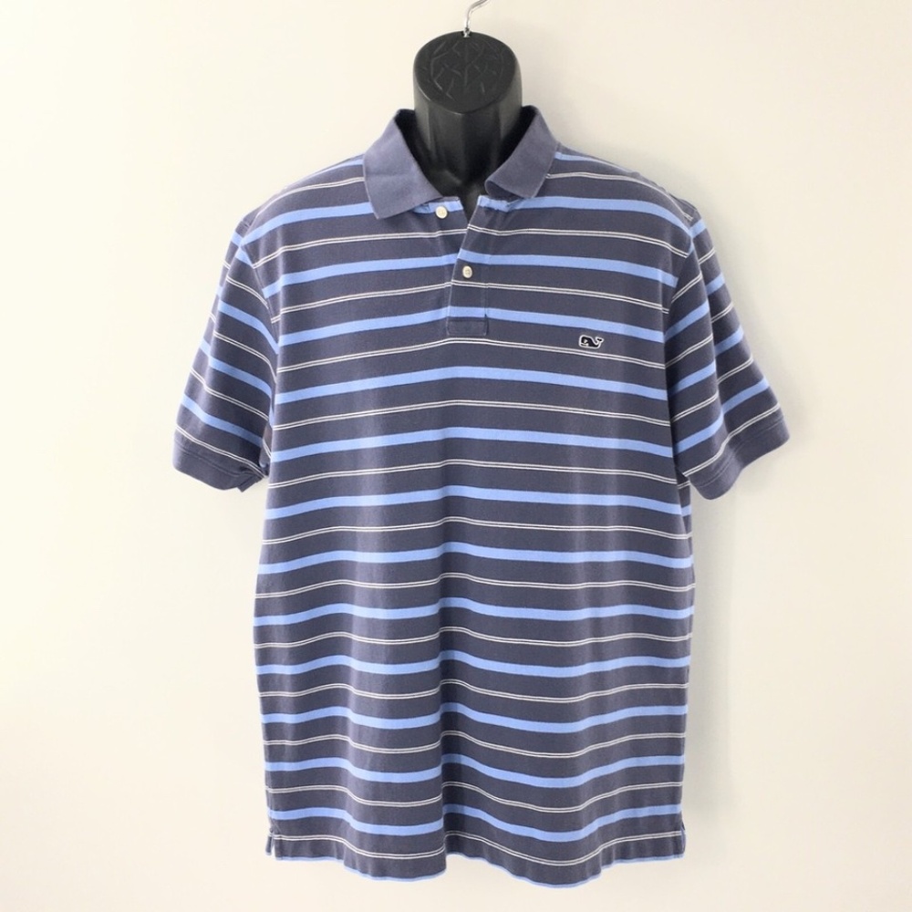 Vineyard Vines Mens Polo Shirt Pima Cotton Blue Striped Button Closure Sz L